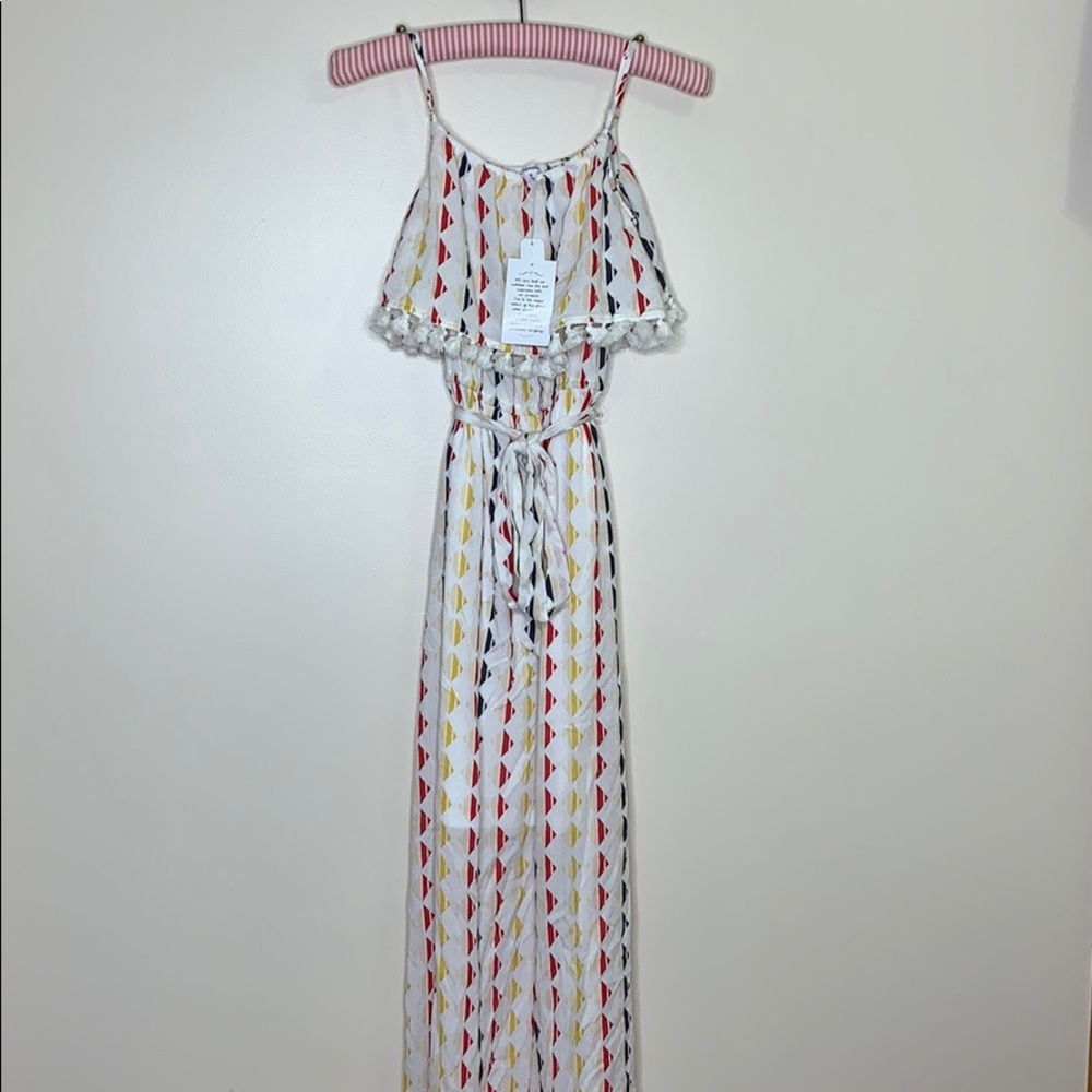 Eyeshadow | Ivory Triangle Printed Tasseled Maxi Dress | Fitted Tie Waist SMALL